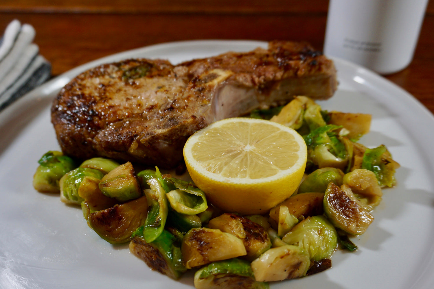 Keto Bone-in Greek Pork Chops with Brussel Sprouts