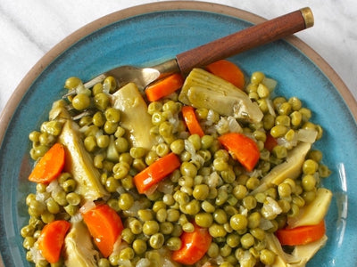 Braised Artichoke Hearts with Carrots and Peas