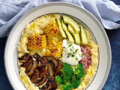 Easy Creamy Polenta with Chèvre, Charred Corn, Garlic Mushrooms & Steamed Broccoli