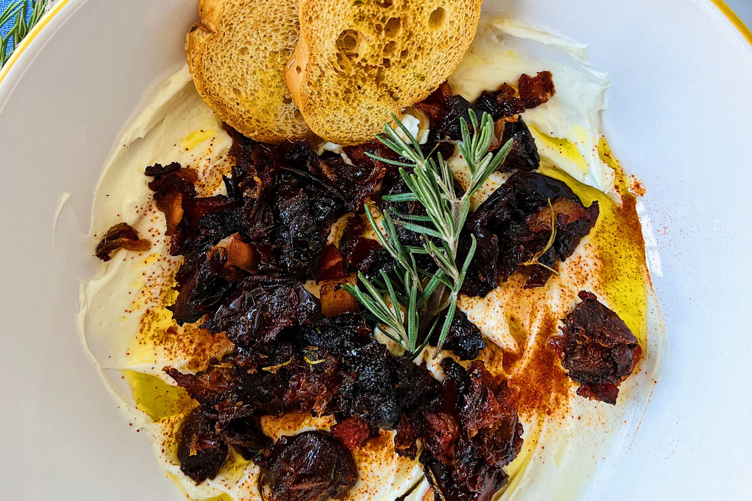 Whipped Goat Cheese with Candied Bacon and Dates