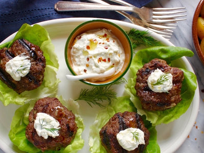 Lettuce-wrapped Lamb Sliders with Greek Feta + Yogurt Sauce