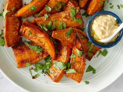 Spicy Sweet Potato Fries with Creamy Tahini Sauce