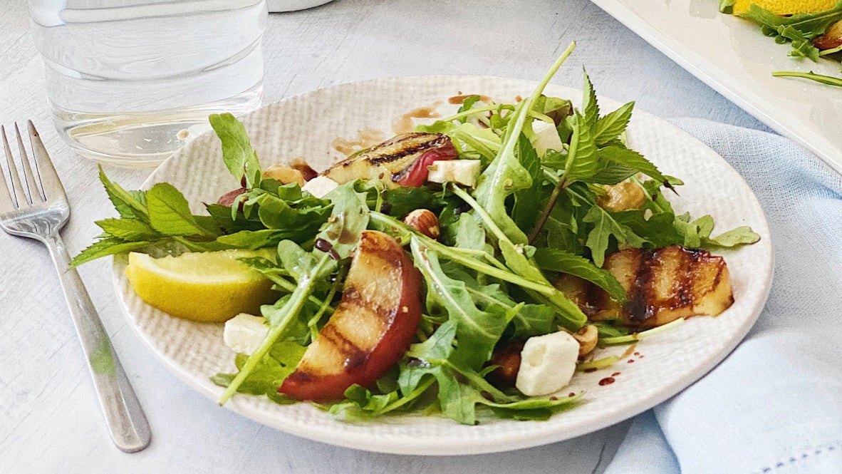 Kosterina Arugula, Grilled Peach and Feta Salad