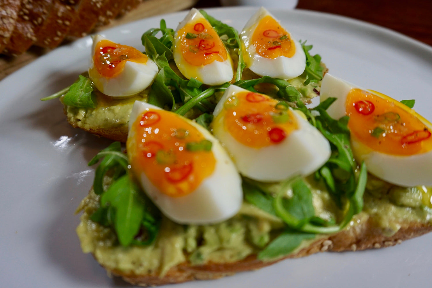 Spicy Avocado Toast & Jammy Eggs with Arugula