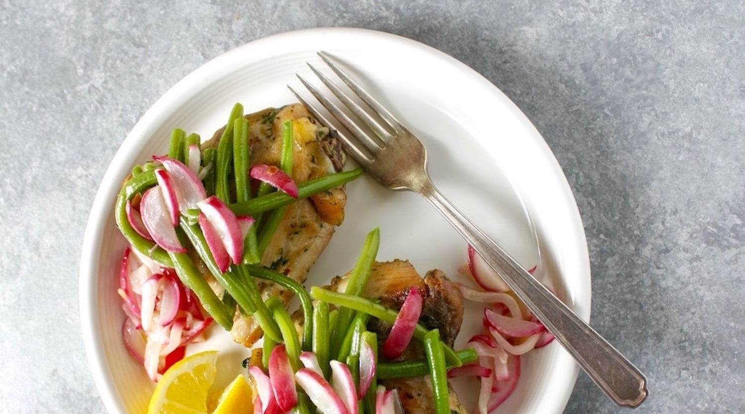 Garlic Chicken with French Green Beans and Radishes