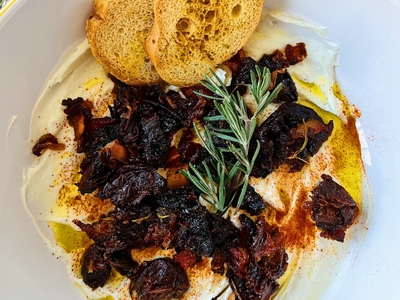 Whipped Goat Cheese with Candied Bacon and Dates